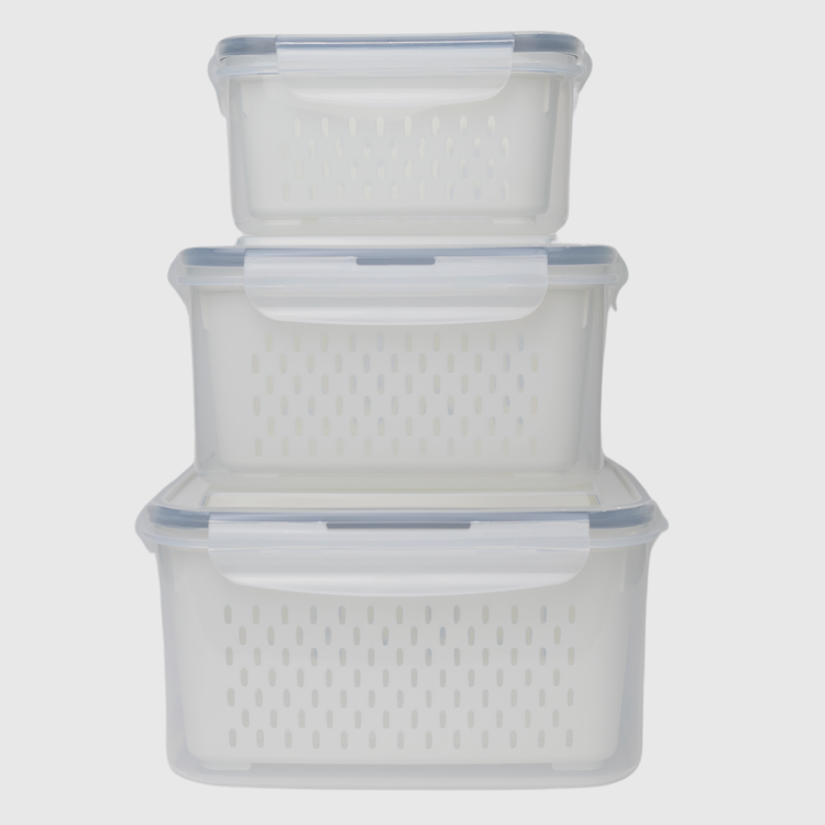 SET RECIPIENTE RECTANGULAR CON COLADOR (800 ML, 1.7 L, 3.1 L)