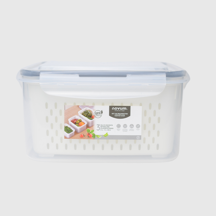 SET RECIPIENTE RECTANGULAR CON COLADOR (800 ML, 1.7 L, 3.1 L)